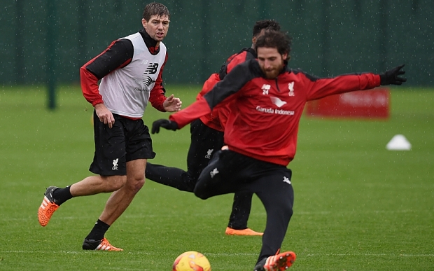 Steven Gerrard trains at Melwood on Monday during the MLS off-season