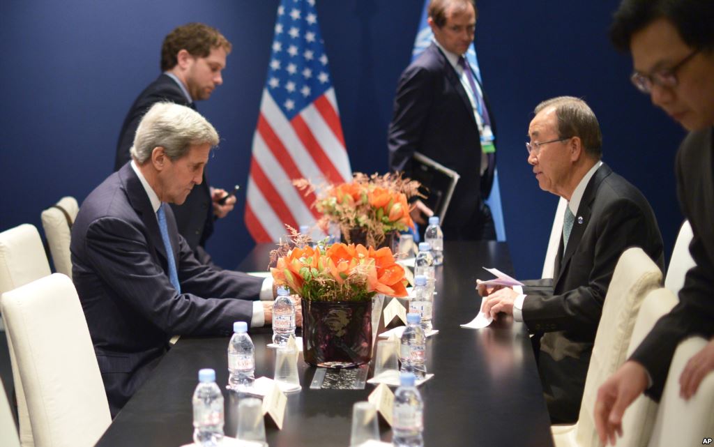 U.S Secretary of State John Kerry delivers his speech during a news conference at the COP21 Climate Conference in Le Bourget north of Paris France Dec. 9 2015. Kerry said on the sidelines of the conference that a meeting of Syrian rebel groups in Saudi