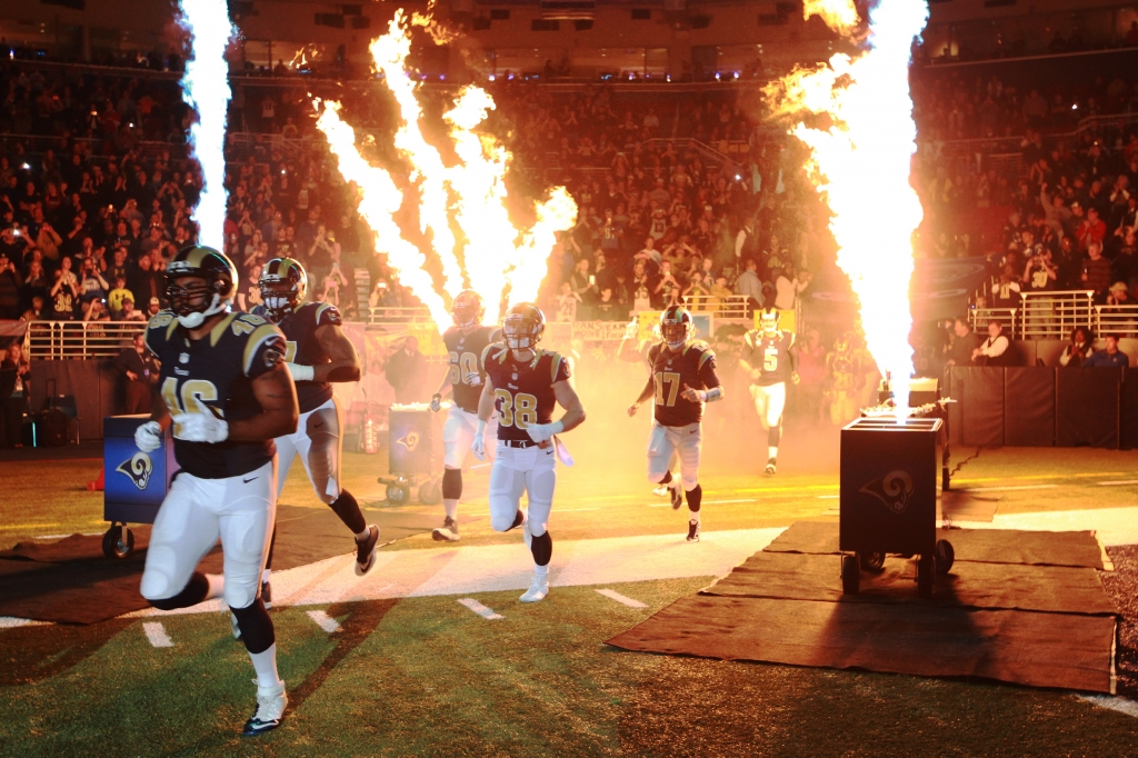 The St. Louis Rams take to the field for a game against the Detroit Lions at the Edward Jones Dome in St. Louis