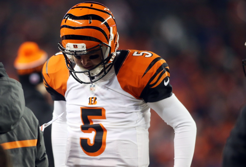 Dec 28 2015 Denver CO USA Cincinnati Bengals quarterback AJ Mc Carron reacts during the first half against the Denver Broncos at Sports Authority Field at Mile High. Mandatory Credit Chris Humphreys-USA TODAY Sports ORG XMIT USATSI-224926 ORIG F