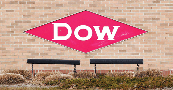 The Dow Chemical logo is shown on a wall at its corporate headquarters in Midland Michigan US