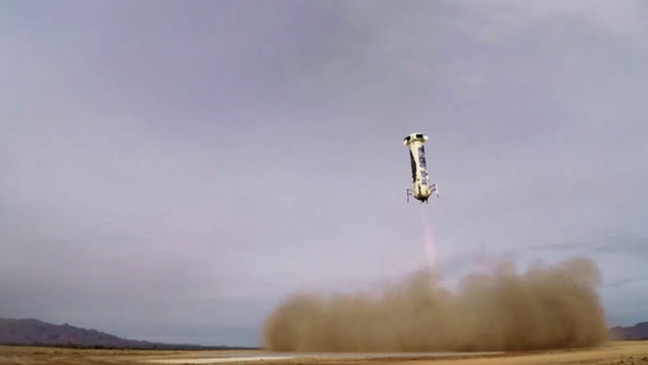 The New Shepard rocket just prior to touchdown. Pic Blue Origin