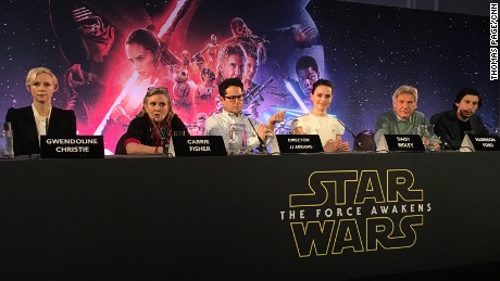 The cast of'Star Wars The Force Awakens' with director J.J. Abrams at the U.K. and European press conference in London