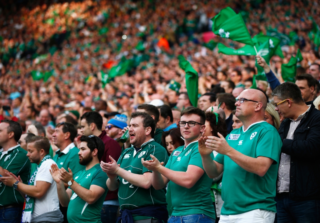 LONDON ENGLAND- OCTOBER 04 Ireland supporters cheer prior to the 2015 Rugby World Cup Pool D match between Ireland and Italy at the Olympic Stadium