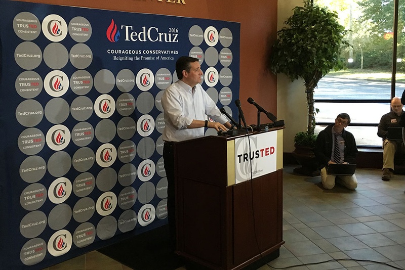 Republican presidential candidate Ted Cruz speaks with reporters before a rally Saturday in Daphne Alabama. The Texas senator visited the town as part of a weeklong tour of nine mostly southern states