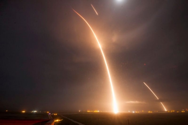 This time-lapse image shows the historic launch reentry and landing of SpaceX's Falcon 9 rocket at Cape Canaveral