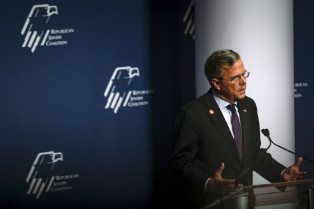 Former Florida Governor and Republican presidential candidate Jeb Bush speaks at a Republican Jewish Coalition forum at the Reagan Building and International Trade Center in Washingt