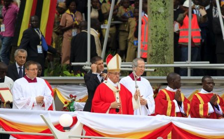 Pope Francis arrives at the Catholic martyrs shrine in Namugongo to lead a mass near the Uganda capital of Kampala