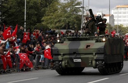 Turkish soldiers in an armored army vehicle take part in a Republic Day ceremony in Istanbul Turkey