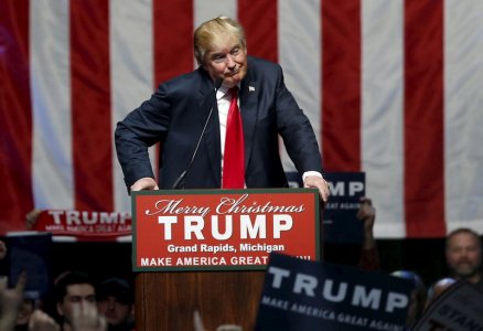 U.S. Republican presidential candidate Donald Trump addresses the crowd during a campaign rally in Grand Rapids Michigan