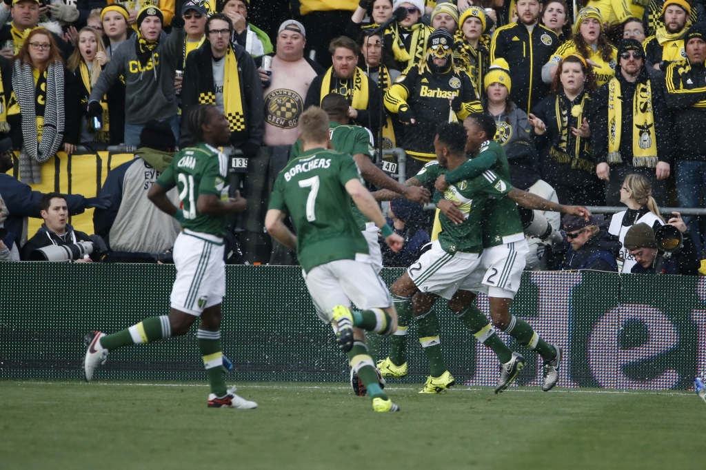 Dec 6 2015 Columbus OH USA Portland Timbers defender  midfielder Rodney Wallace is congratulated for scoring a goal against the Columbus Crew during the first half in the 2015 MLS Cup championship game at MAPFRE Stadium. Mandatory Credit Jeff Sw