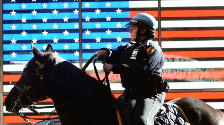 A mounted police patrol in Times Square in New York