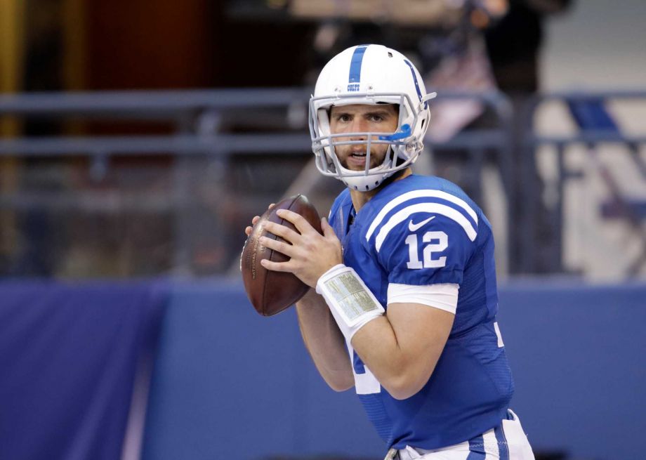 Indianapolis Colts Andrew Luck throws before the start of an NFL football game against the Denver Broncos Sunday Nov. 8 2015 Indianapolis