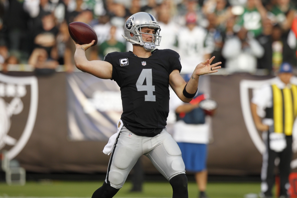 Nov 1 2015 Oakland CA USA Oakland Raiders quarterback Derek Carr prepares to throw a pass against the New York Jets in the fourth quarter