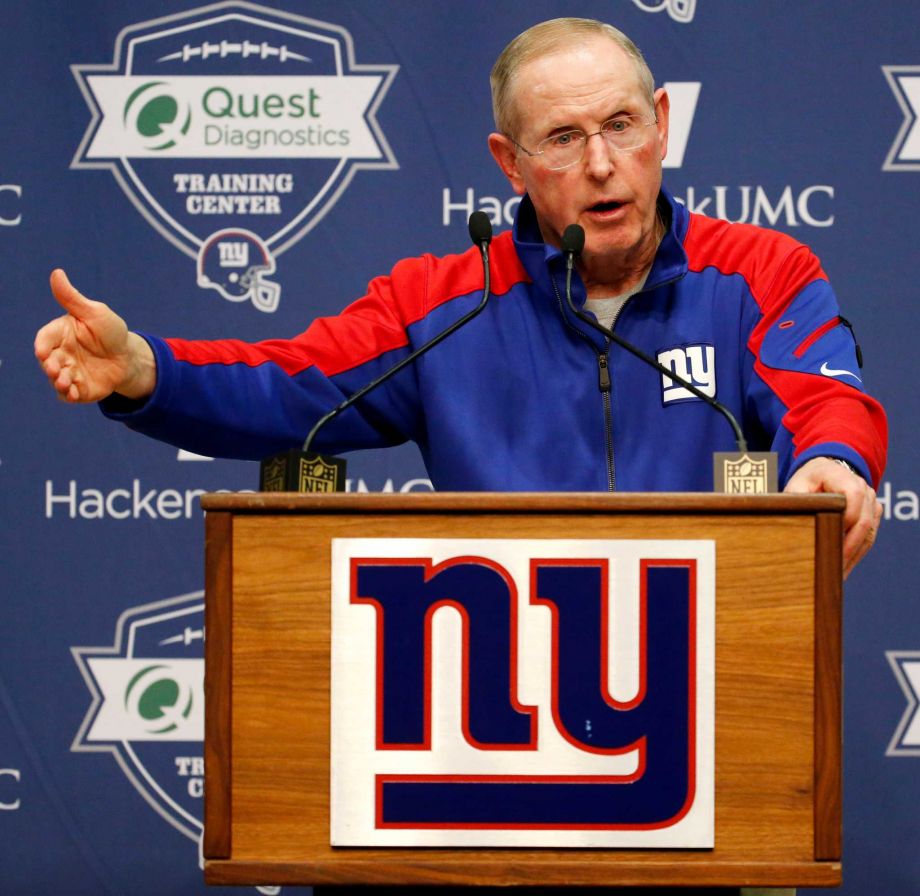 New York Giants head coach Tom Coughlin talks to reporters during NFL football practice Thursday Dec. 10 2015 in East Rutherford N.J