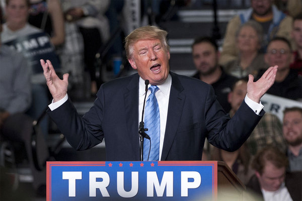 Republican presidential candidate Donald Trump addresses supporters during a campaign rally at the Greater Columbus Convention Center