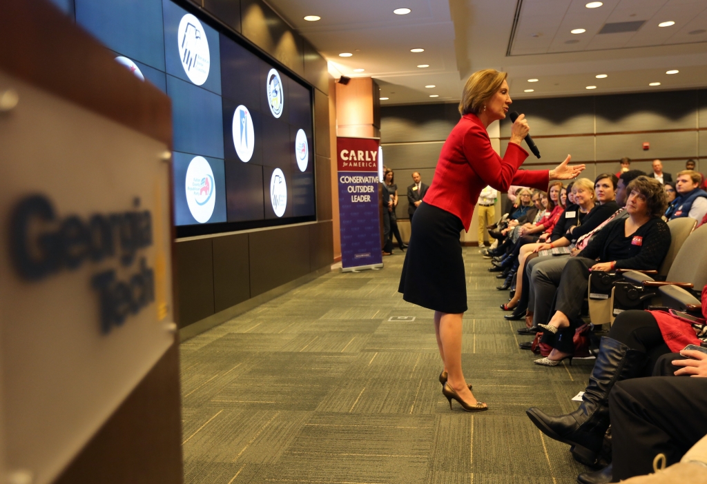 Republican presidential candidate Carly Fiorina answers a question during a campaign appearance Tuesday afterno