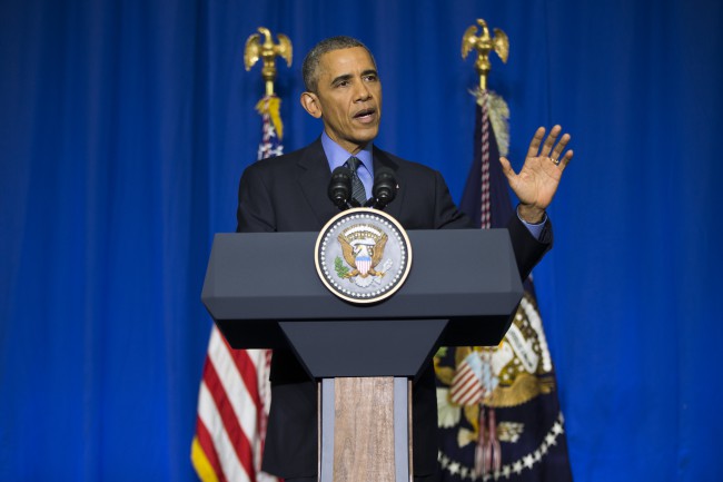 President Barack Obama speaks during a news conference at the Organization for Economic Cooperation and Development Centre in Paris on Tuesday Dec. 1 2015. Obama discussed the COP21 climate change summit and the threat of terrorism from the Islamic S