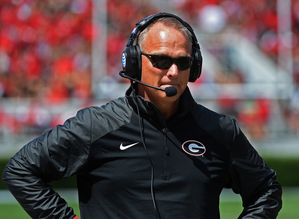 Head Coach Mark Richt of the Georgia Bulldogs watches the action against the Troy Trojans at Sanford Stadium