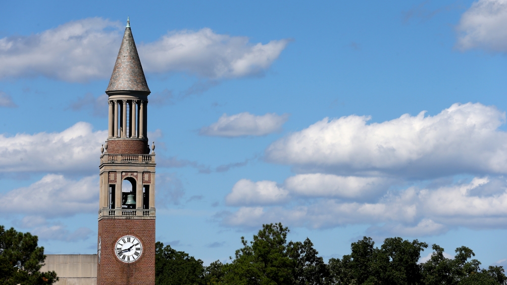 A general view of the Bell Tower on the University of North Carolina campus on Oct. 4 2014 in Chapel Hill North Carolina