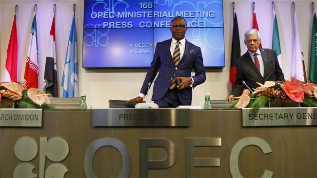 Nigeria's Oil Minister and OPEC president Emmanuel Ibe Kachikwu and OPEC secretary general Abdullah al Badri arrive for a news conference after a meeting of OPEC oil ministers in Vienna Austria