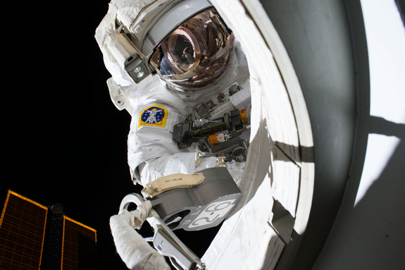 NASA astronaut Scott Kelly is seen during his first spacewalk outside the International Space Station on Oct. 28 2015. Kelly and crewmate Tim Kopra will make a 3-hour spacewalk today to fix a stuck railcar on the station