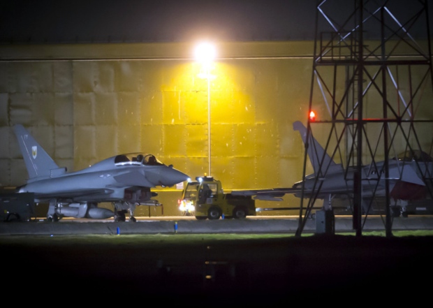 Two Eurofighter Typhoon jets at from RAF Lossiemouth in Scotland as RAF Tornado jets have carried out the first British bombing runs over Syria the Ministry of Defence has confirmed