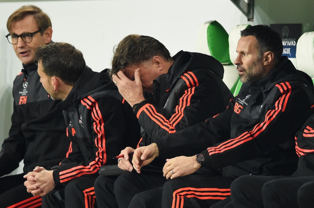 WOLFSBURG GERMANY- DECEMBER 08 A dejected Louis van Gaal the manager of Manchester United reacts during the UEFA Champions League group B match between VfL Wolfsburg and Manchester United at the Volkswagen Arena