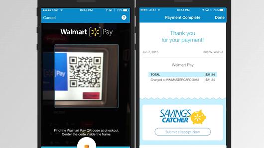 A shopper scans the QR code at checkout using Walmart Pay; A shopper receives confirmation that their payment was processed