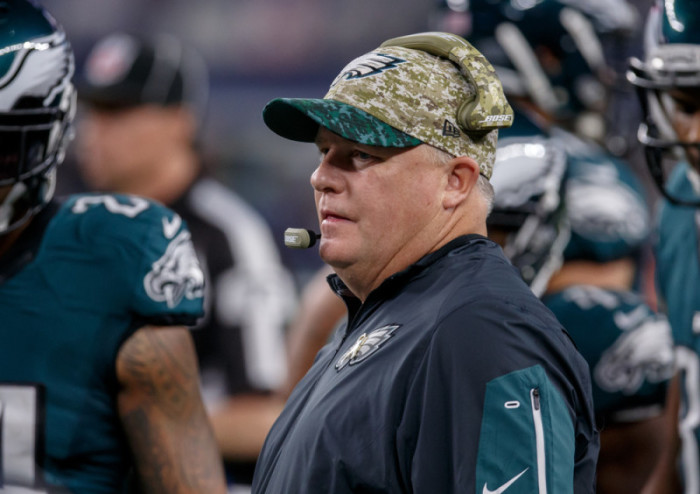 08 November 2015 Philadelphia Eagles head coach Chip Kelly during the NFL regular season game game between the Dallas Cowboys and the Philadelphia Eagles at AT&T Stadium in Arlington Texas. Philadelphia won the game 33-27