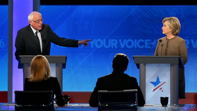 US Democratic president candidates Bernie Sanders and Hillary Clinton debate at Saint Anselm College