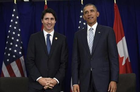 President Barack Obama and Canadian Prime Minister Justin Trudeau after their bilateral meeting at the Asia Pacific Economic Cooperation summit in Manila Philippines in November