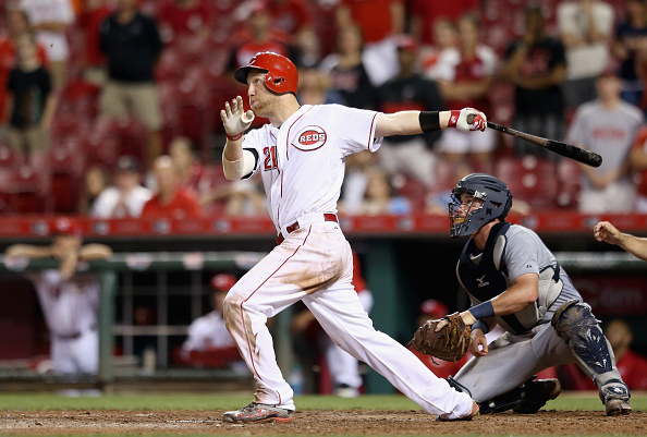 Todd Frazier #21 of the Cincinnati Reds hits a game winning grand slam home run against the Detroit Tigers at Great American Ball Park