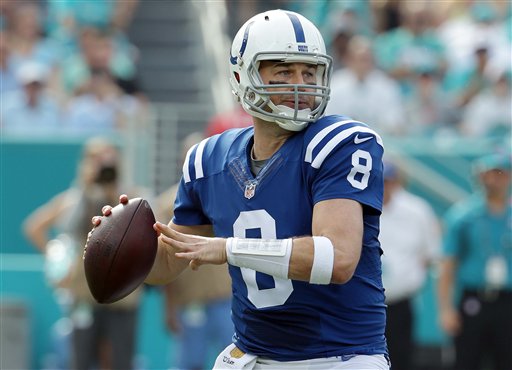 Indianapolis Colts quarterback Matt Hasselbeck looks to pass during the first half of an NFL football game against the Miami Dolphins Sunday Dec. 27 2015 in Miami Gardens Fla