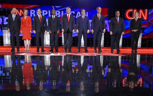 Republican presidential candidates from left John Kasich Carly Fiorina Marco Rubio Ben Carson Donald Trump Ted Cruz Jeb Bush Chris Christie and Rand Paul take the stage during the CNN Republican presidential debate at the Venetian Hotel & Casino