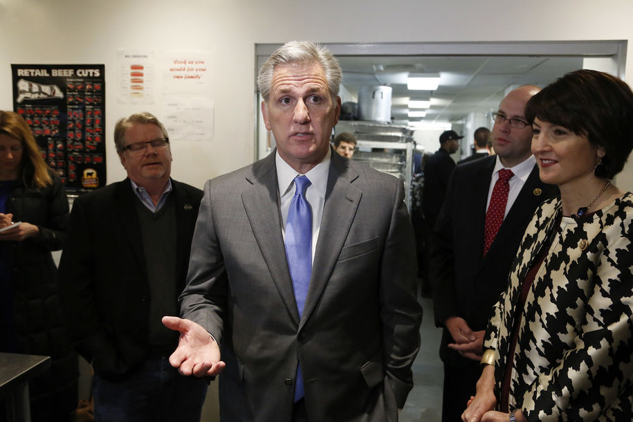 U.S. House Majority Leader Kevin Mc Carthy , Representative Jason Smith  and Representative Cathy Mc Morris Rodgers  speak to reporters after a tour of DC Central Kitchen with the organization's CEO Mike Curtin