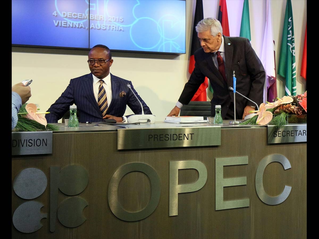 Nigeria's Minister of State for Petroleum Resources and President of the OPEC Conference Emmanuel Ibe Kachikwu left and OPEC's Secretary General Abdalla Salem El Badri of Libya attend a news conference after a meeting of the Organization of