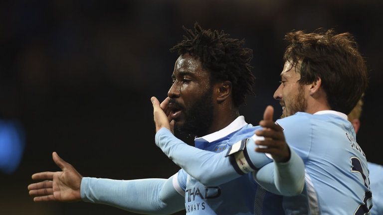 Wilfried Bony celebrates his goal against Hull with Silva