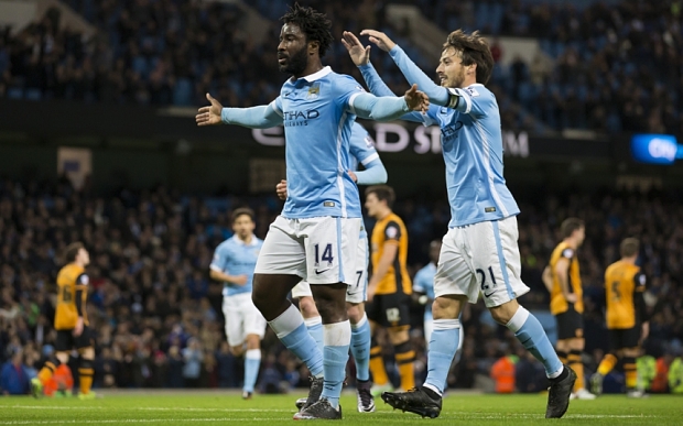 Wilfried Bony celebrates scoring City's first goal