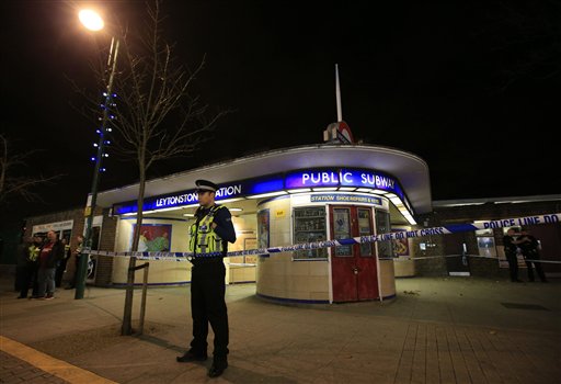 Police cordon off Leytonstone Underground Station in east London following a stabbing incident Saturday Dec. 5 2015. The stabbing is being treated as a'terrorist incident' the London police said Saturday. The London police counterterror command said