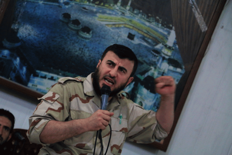 Zahran Alloush head of the Jaish al Islam Syrian rebel group speaks to his fighters last July