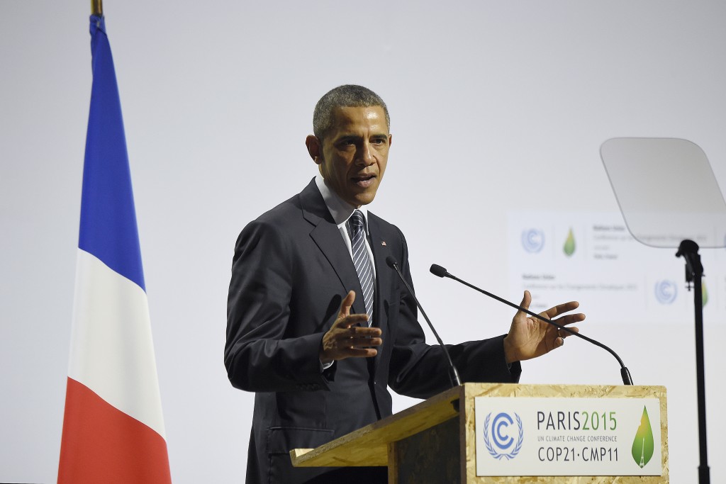 U.S. President Barack Obama delivers a speech at the COP21 United Nations Climate Change Conference in Le Bourget outside Paris Monday Nov. 30 2015