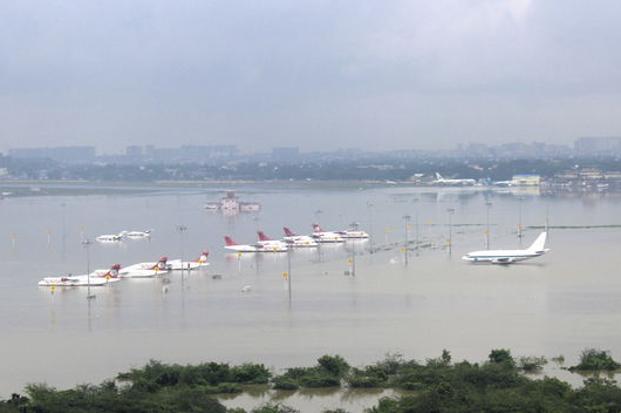 An aerial view shows the submerged airport in Chennai