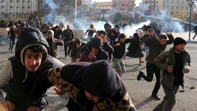 Riot police use water cannons to disperse demonstrators in Sur district the southeastern city of Diyarbakir Turkey