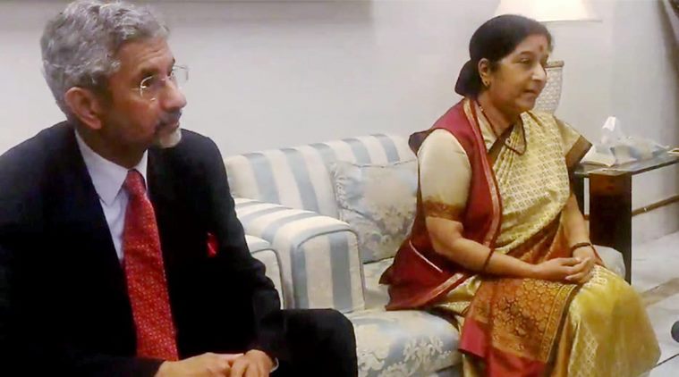 Islamabad External Affairs Minister Sushma Swaraj talking to the media as she arrived at Islamabad in Pakistan on Tuesday. S Jaishankar Foreign Secretary also seen. PTI