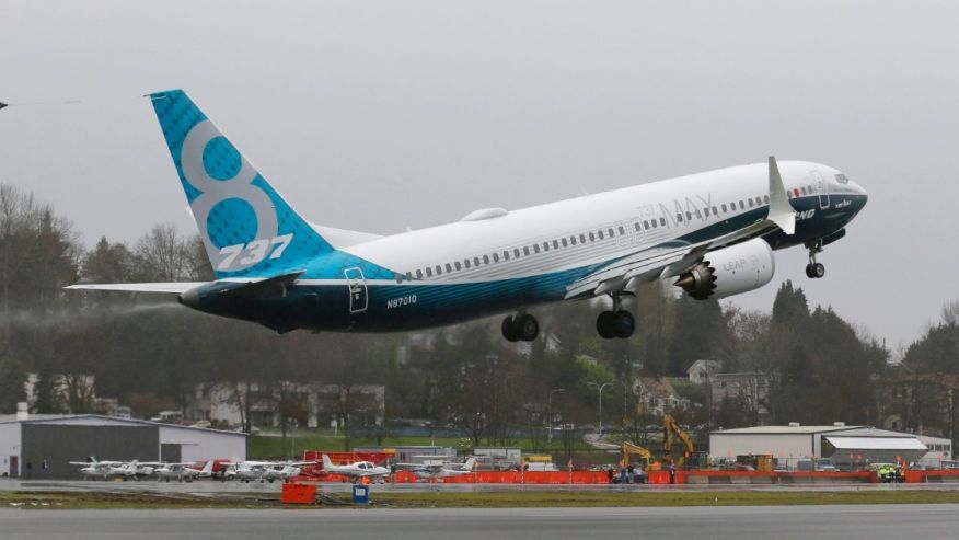 A Boeing 737 MAX airplane takes off on its first test flight Friday Jan. 29 2016 in Renton Wash