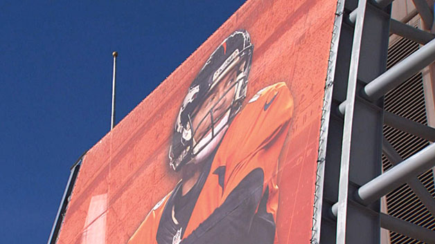 A Peyton Manning sign outside of Mile High Stadium in Denver