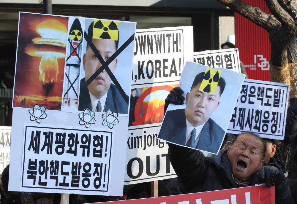 A South Korean protester takes a stand against Kim Jong Un