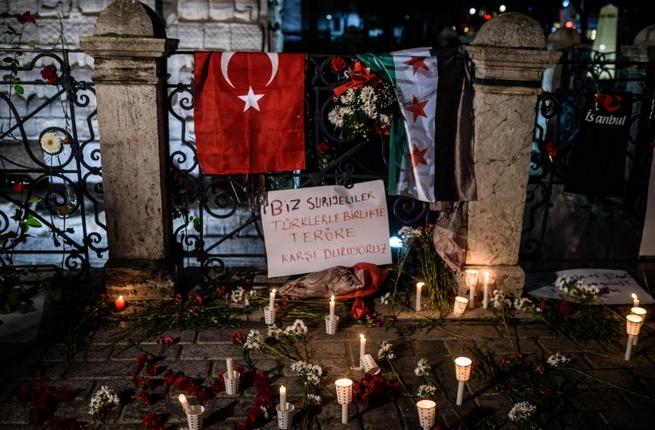 A makesgift memorial in tribute to the victims of Jan 12 attack in Istanbul's tourist hub of Sultanahmet