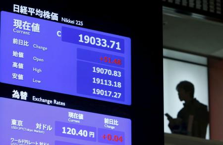 A man stands next to a stock quotation board displaying Japan's Nikkei average in Tokyo